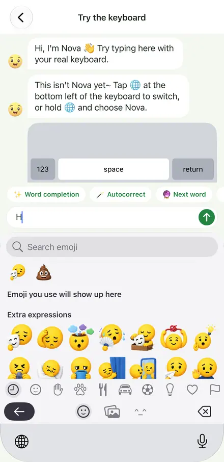 Screenshot del pannello Emoji+ nella tastiera Nova